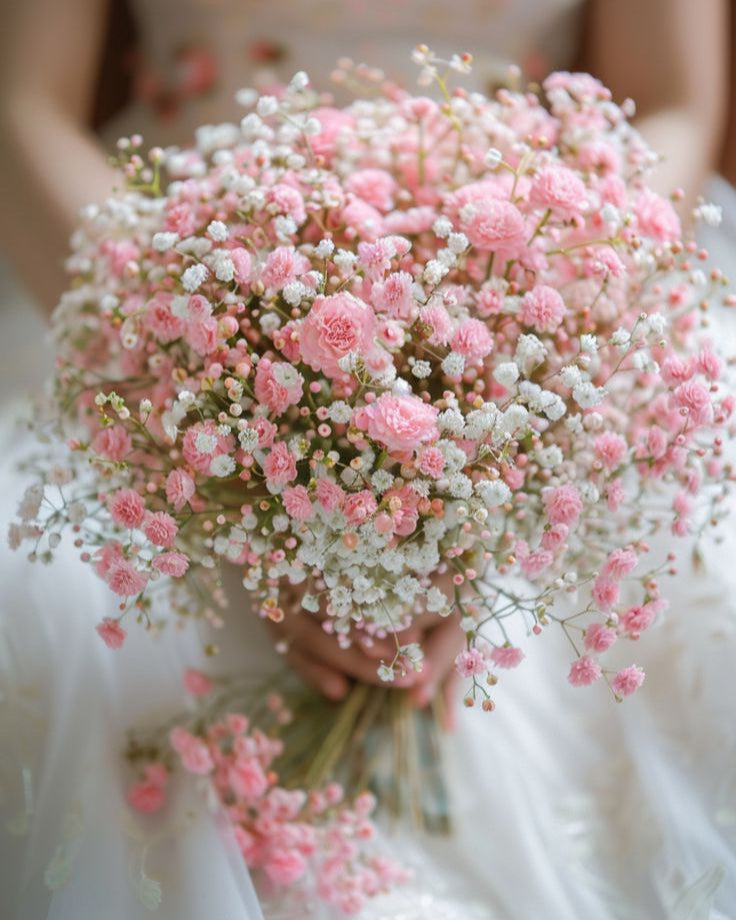 Bridal bouquet with pink spray roses and white baby’s breath, handcrafted in Miami
