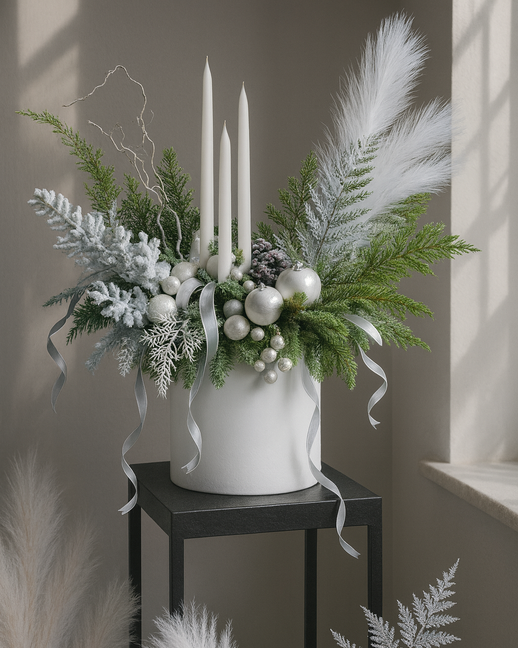Luxury white Christmas arrangement with winter accents and candles, styled in a modern interior.
