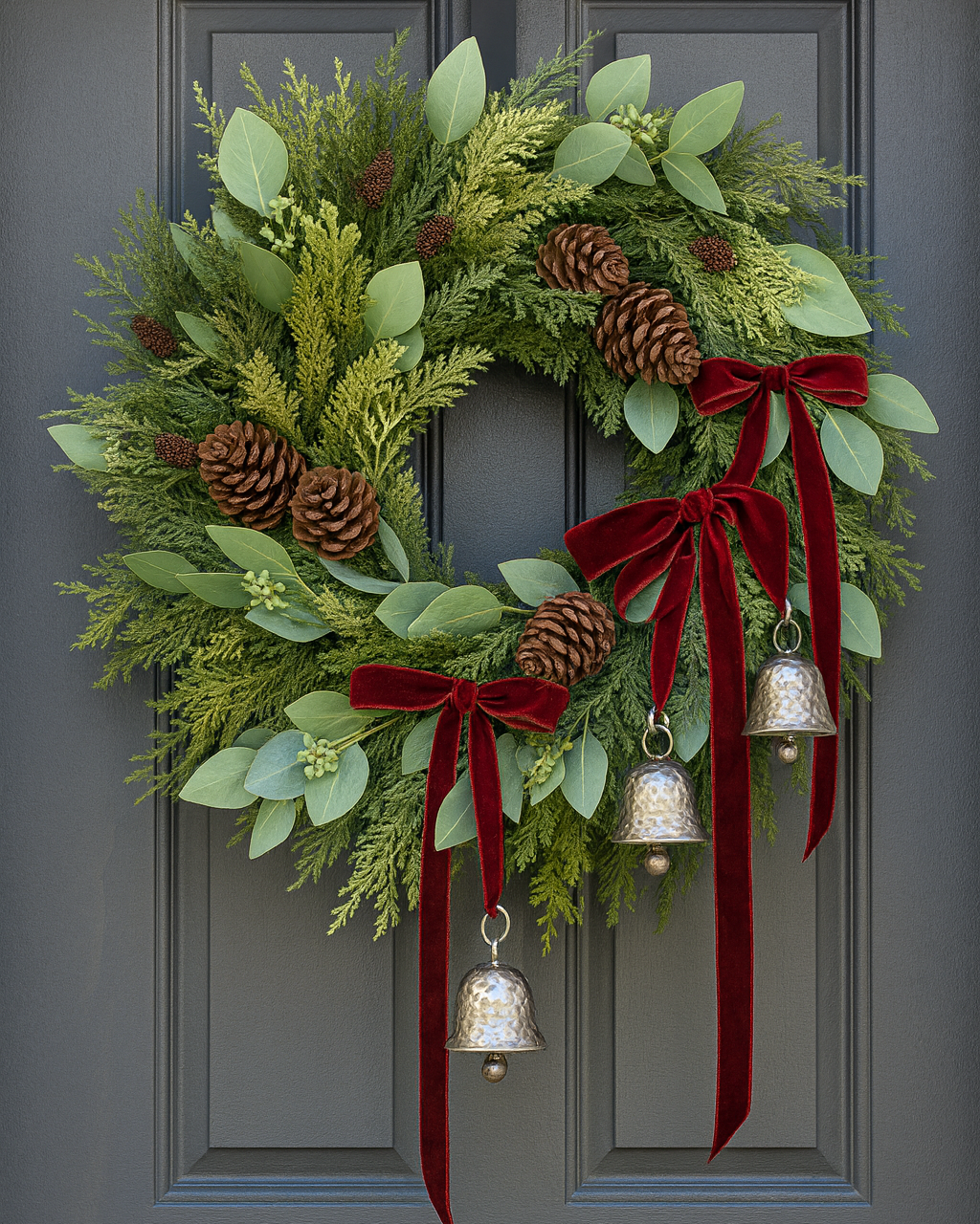 Luxury holiday wreath with natural greenery, deep red velvet ribbons and decorative bells on a gray door.