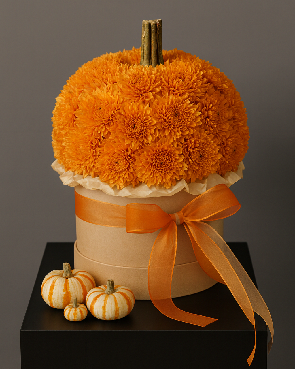 “Round pumpkin-shaped floral arrangement made from vibrant orange chrysanthemums, arranged tightly in a beige hat box with an orange ribbon, styled as a festive fall pumpkin decoration.”