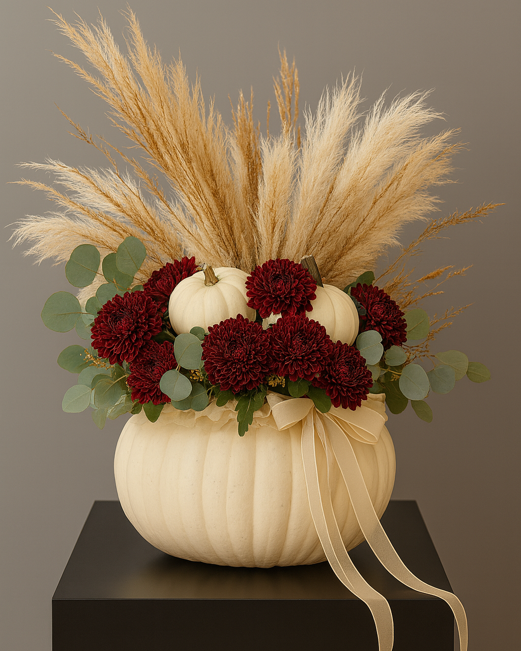 Ivory pumpkin floral arrangement with burgundy chrysanthemums, pampas grass, and eucalyptus on a dark pedestal — elegant fall centerpiece.