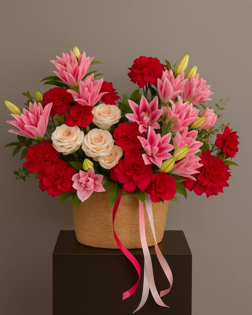 Flaming Grace flower basket with pink lilies, red roses, and blush roses. Premium floral gift for weddings, birthdays, and romantic occasions in Miami.