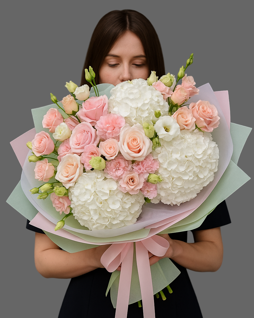 “Bouquet Pastel Blooms with blush roses, white hydrangeas and lisianthus, romantic pastel flowers for delivery in Miami and Sunny Isles.”