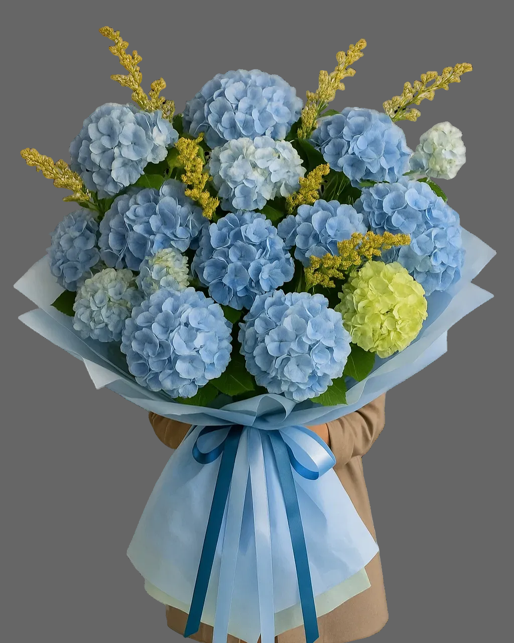 Bouquet Blue Azure with blue and white hydrangeas and golden solidago, luxury flowers available for same-day delivery in Miami and Sunny Isles.”