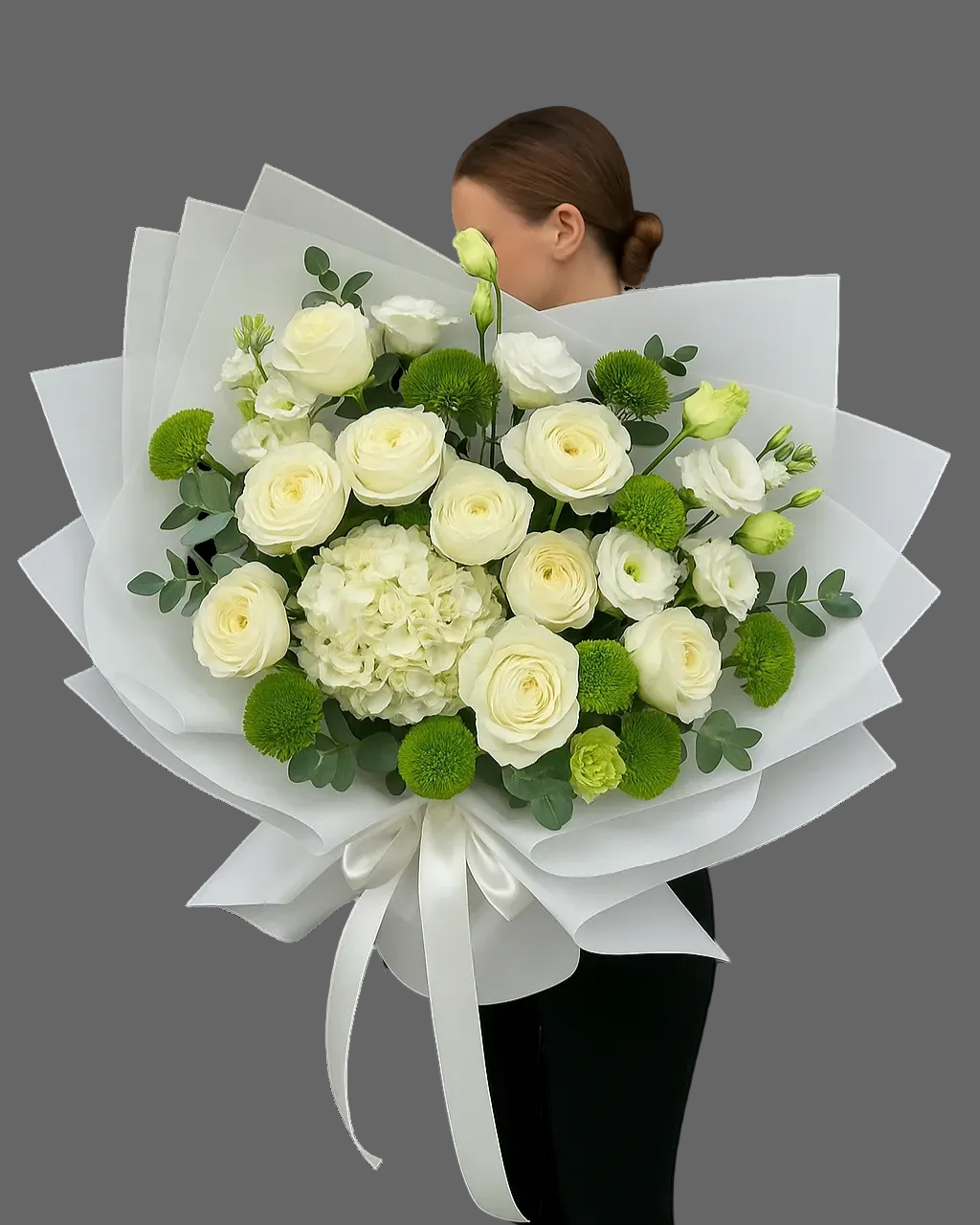 Bouquet Lemon & Lime Breeze with white roses, hydrangea and green dianthus, luxury fresh flowers for delivery in Miami and Sunny Isles.”