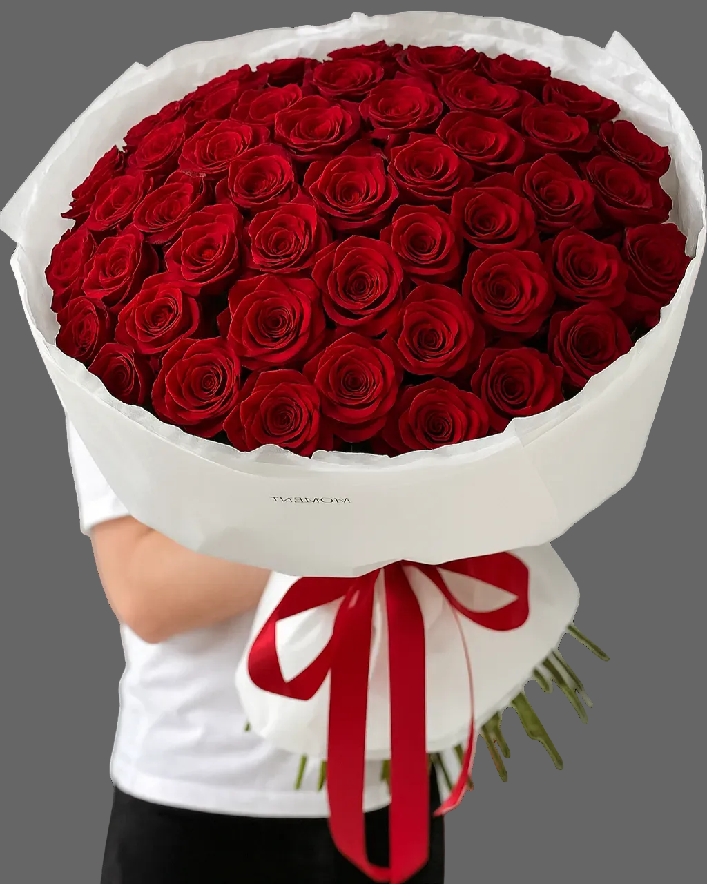 “THE MOMENT bouquet with premium red roses in elegant white wrapping and red ribbon, romantic bouquet for delivery in Miami and Sunny Isles.”