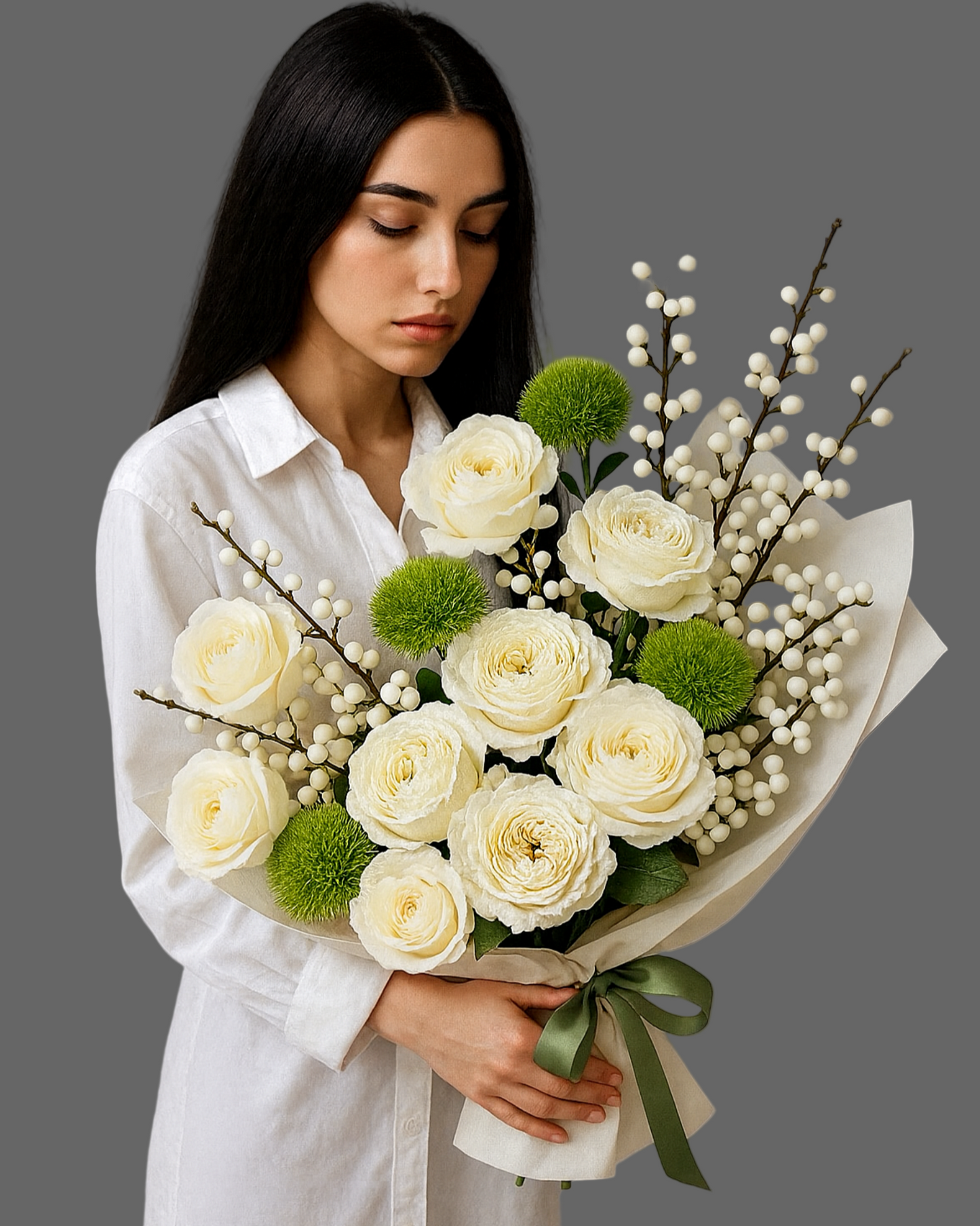 Bouquet Snow Perl with white roses, snowberries, and green dianthus in elegant white wrapping, premium winter bouquet for delivery in Miami and Sunny Isles.”