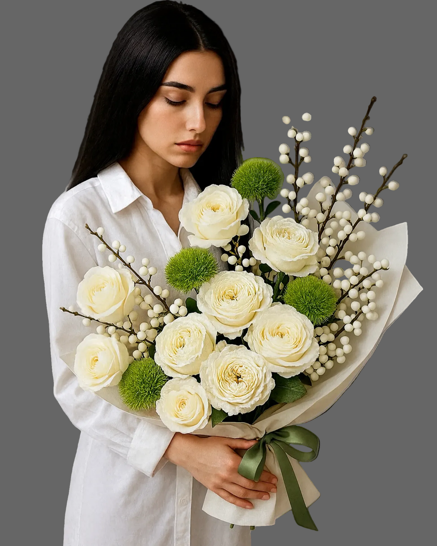 Bouquet Snow Perl with white roses, snowberries, and green dianthus in elegant white wrapping, premium winter bouquet for delivery in Miami and Sunny Isles.”