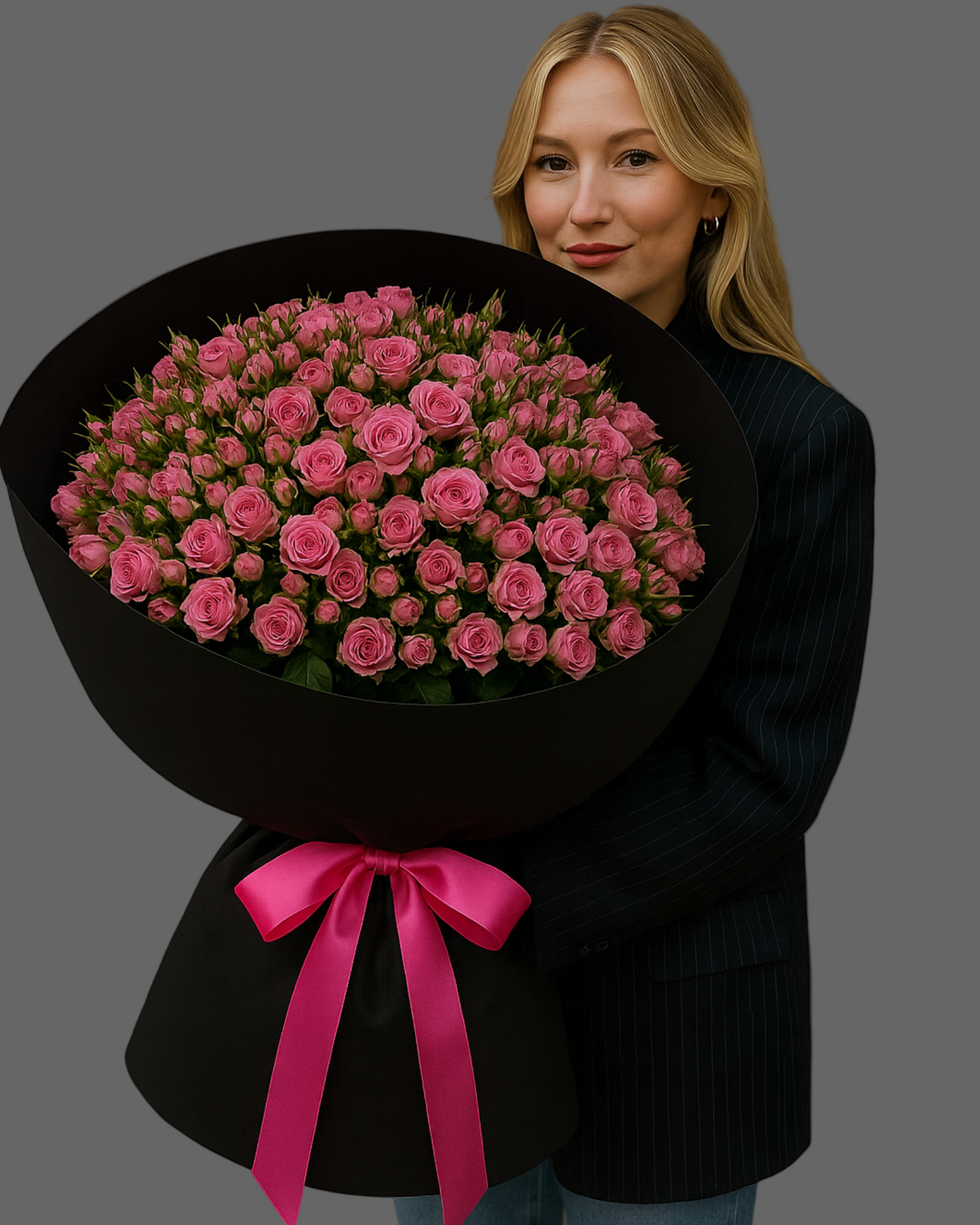 Luxury bouquet of pink spray roses in black wrapping with satin ribbon, available for flower delivery in Miami and Sunny Isles.