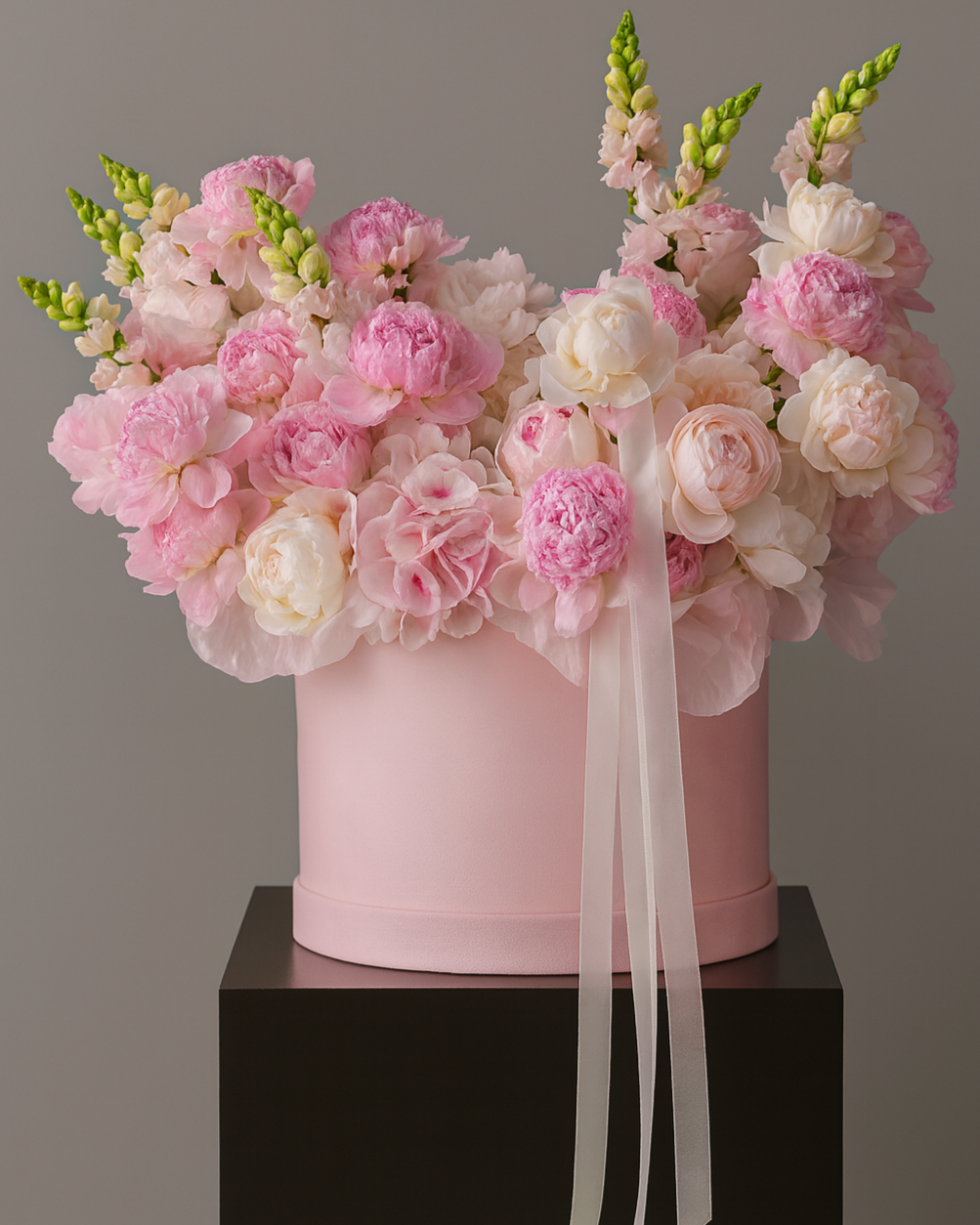 Soft Pink Line flower box with pastel pink peonies and hydrangeas in a luxury pink hat box for delivery in Miami and Sunny Isles.