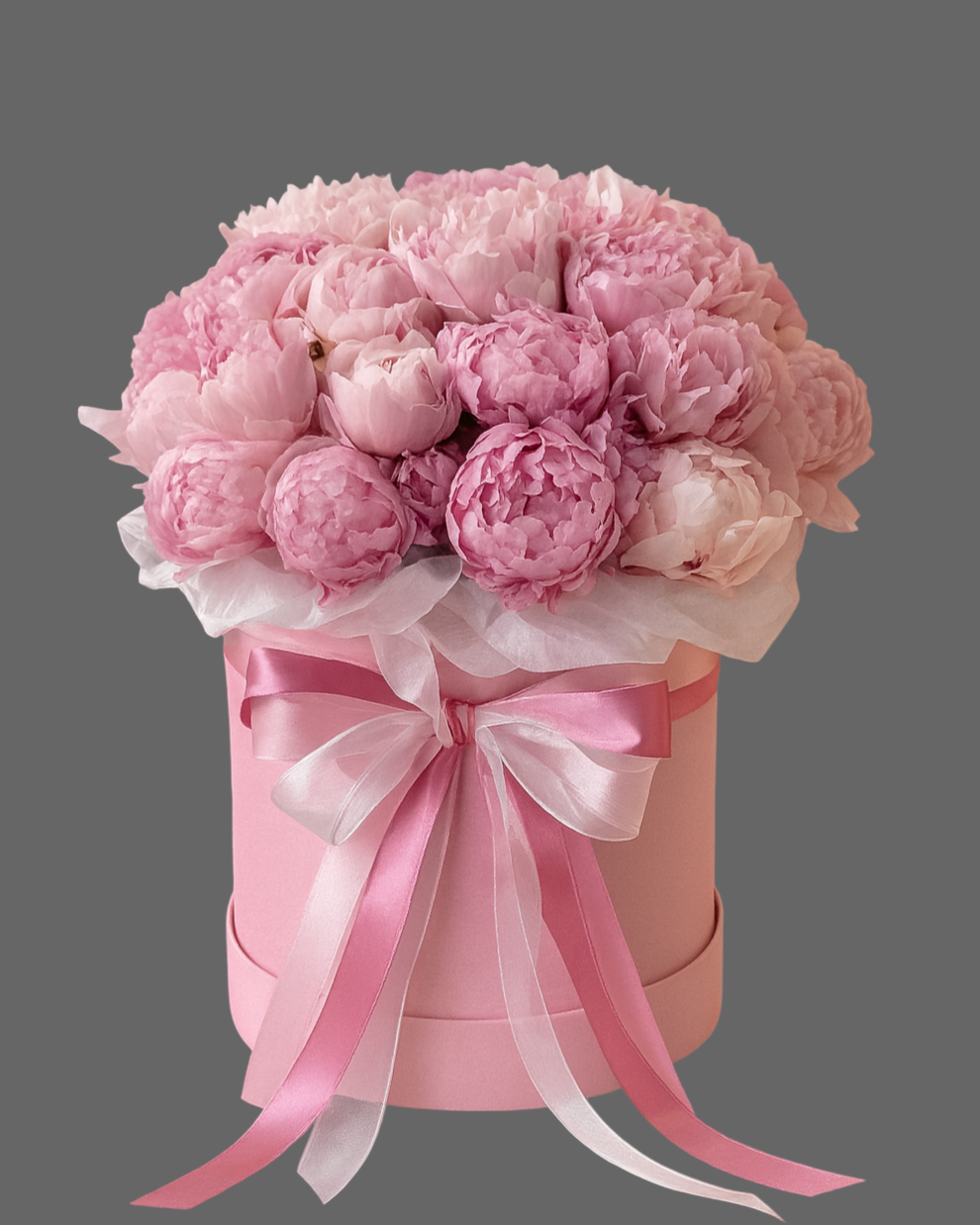 Peony Love Box Miami – luxury pink peonies in a hat box, premium flower delivery in Miami and Sunny Isles Beach.”