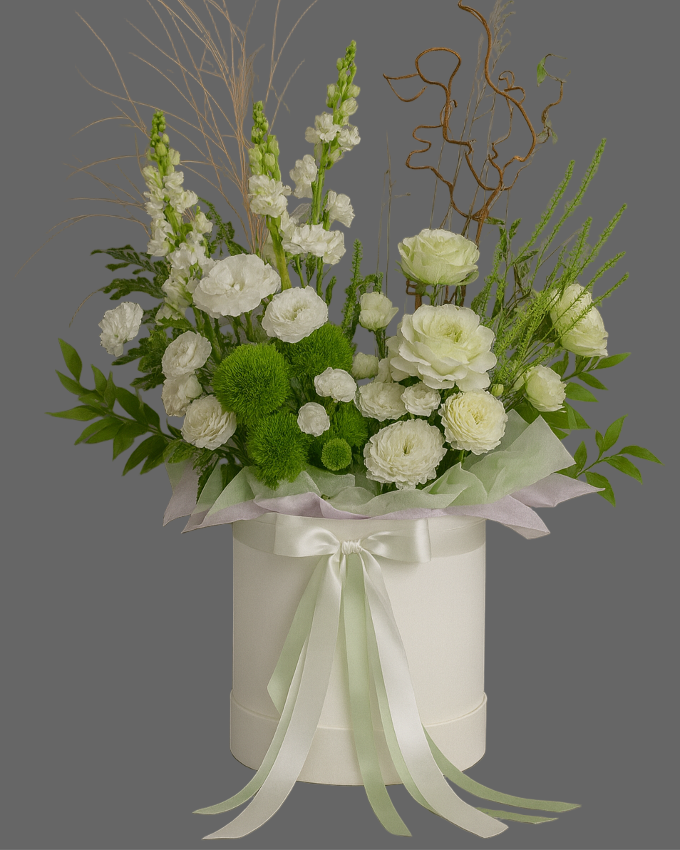 Luxury white and green flower box with garden roses and snapdragons – “Green Grace”