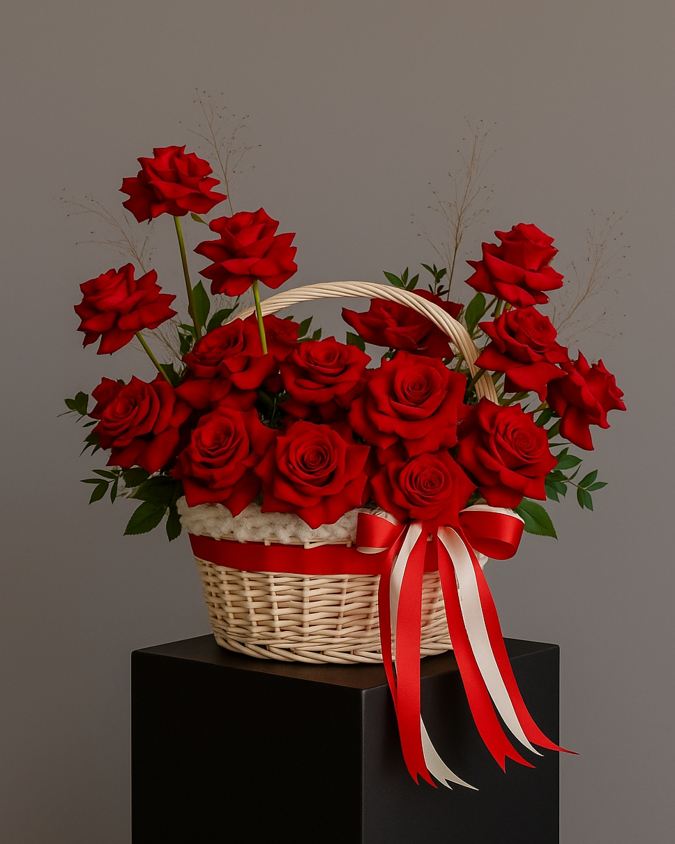 Scarlet Passion flower basket with premium red roses. Luxury floral arrangement for romantic gifts, weddings, and special events in Miami.