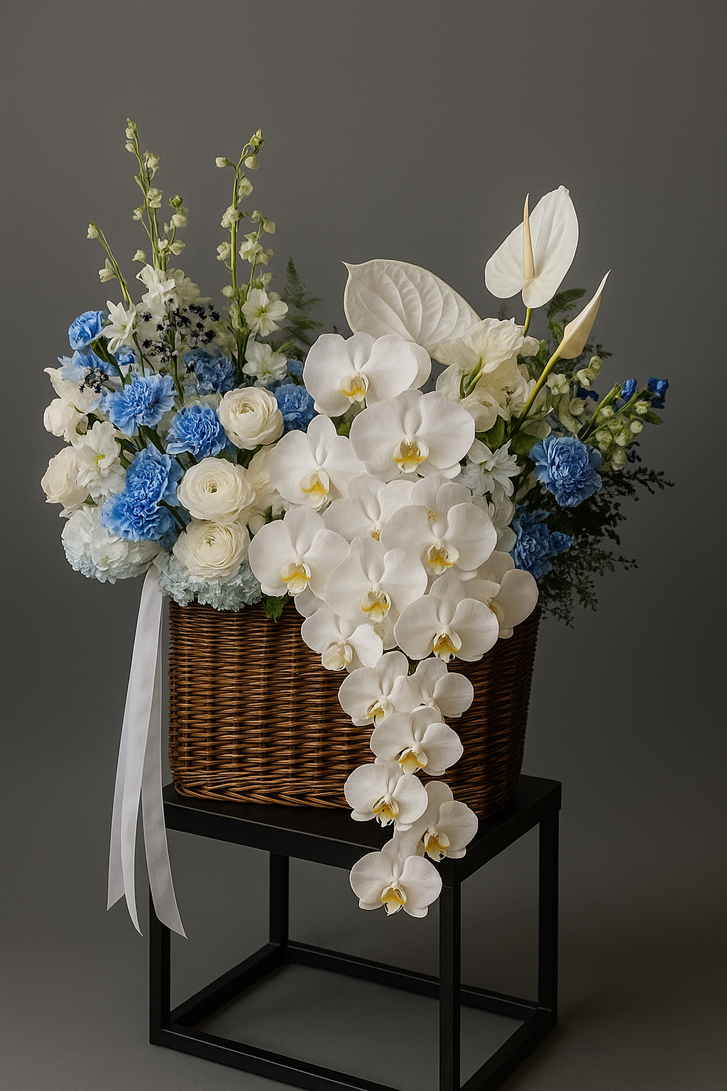 Ocean Breeze flower basket with white orchids, roses, blue hydrangeas, and anthuriums. Luxury floral arrangement for weddings, anniversaries, and special events in Miami.