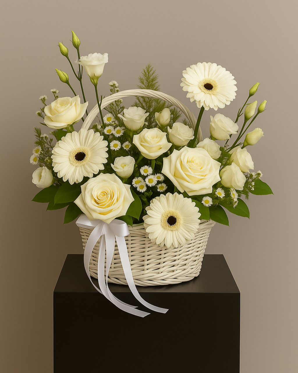 White Elegance flower basket with white roses, gerberas, lisianthus, chamomile, and greenery. Luxury floral gift for weddings, birthdays, anniversaries, and special events in Miami.