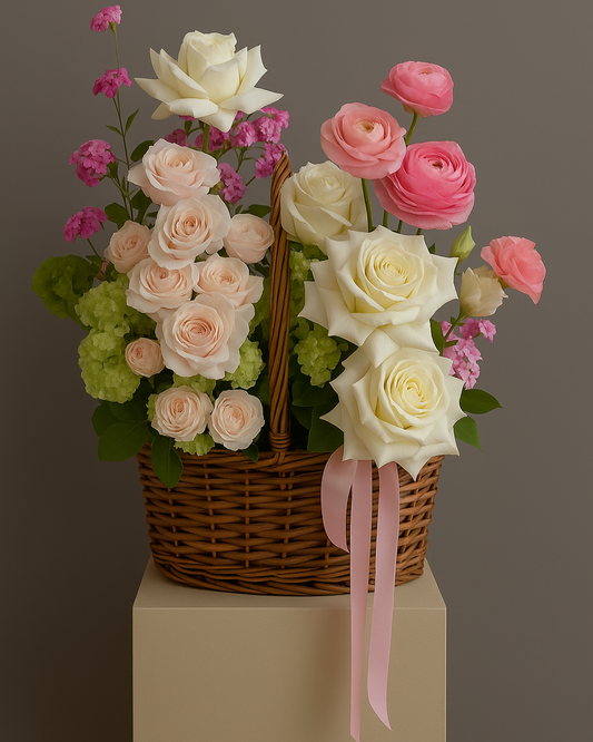 Blush Symphony flower basket with pink roses, ranunculus, hydrangea, and lisianthus. Luxury floral arrangement for weddings, birthdays, and romantic gifts in