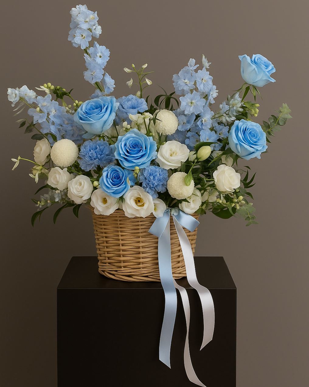 Blue Serenity flower basket with blue roses, hydrangeas, and white blooms. Elegant floral arrangement for delivery in Miami, Sunny Isles, Aventura, Hallandale, Hollywood & Brickell.
