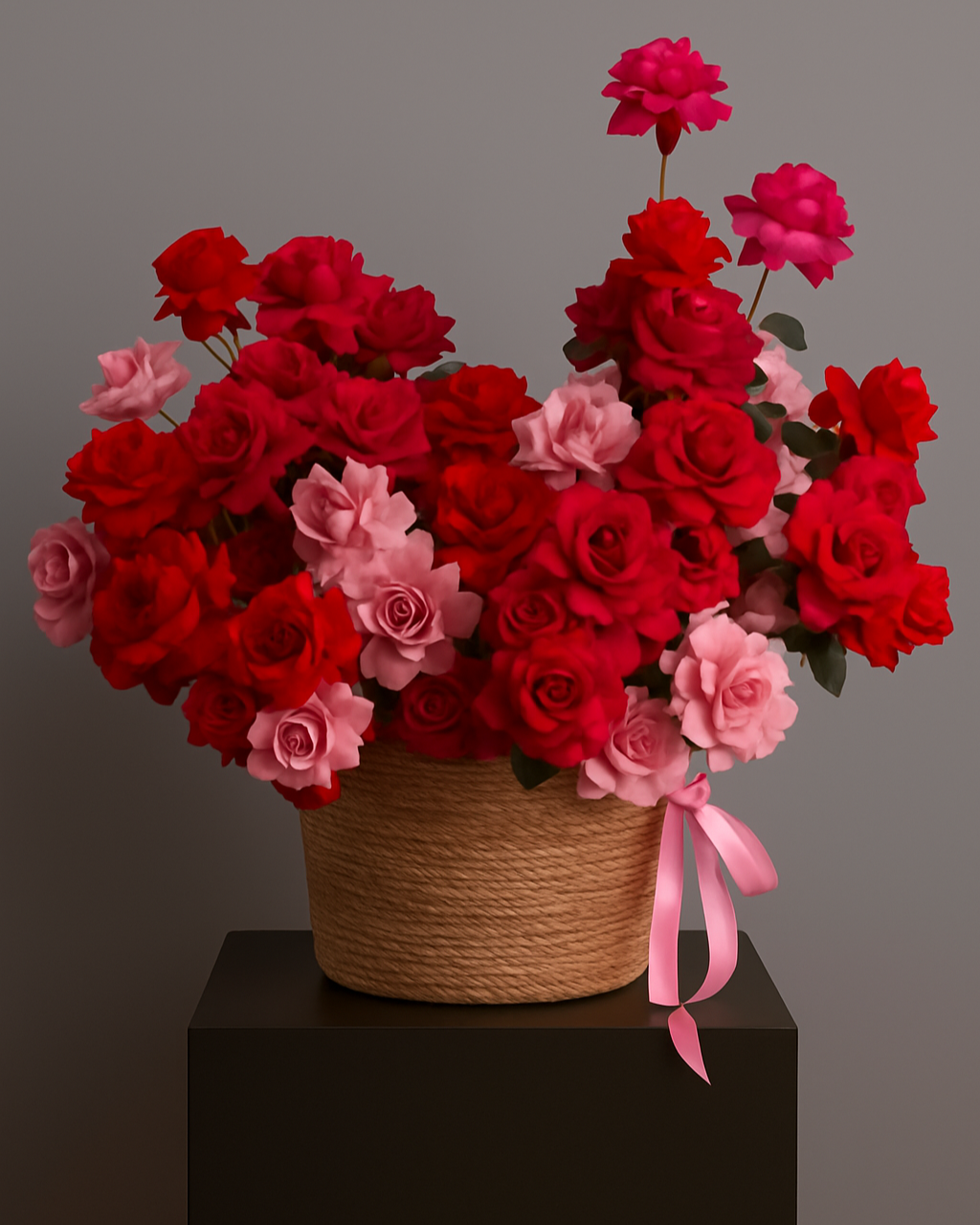 Elegant basket with red and pink roses arranged in a decorative rope basket with pink ribbons. Luxury flower arrangement for romantic gifts and weddings in Miami.