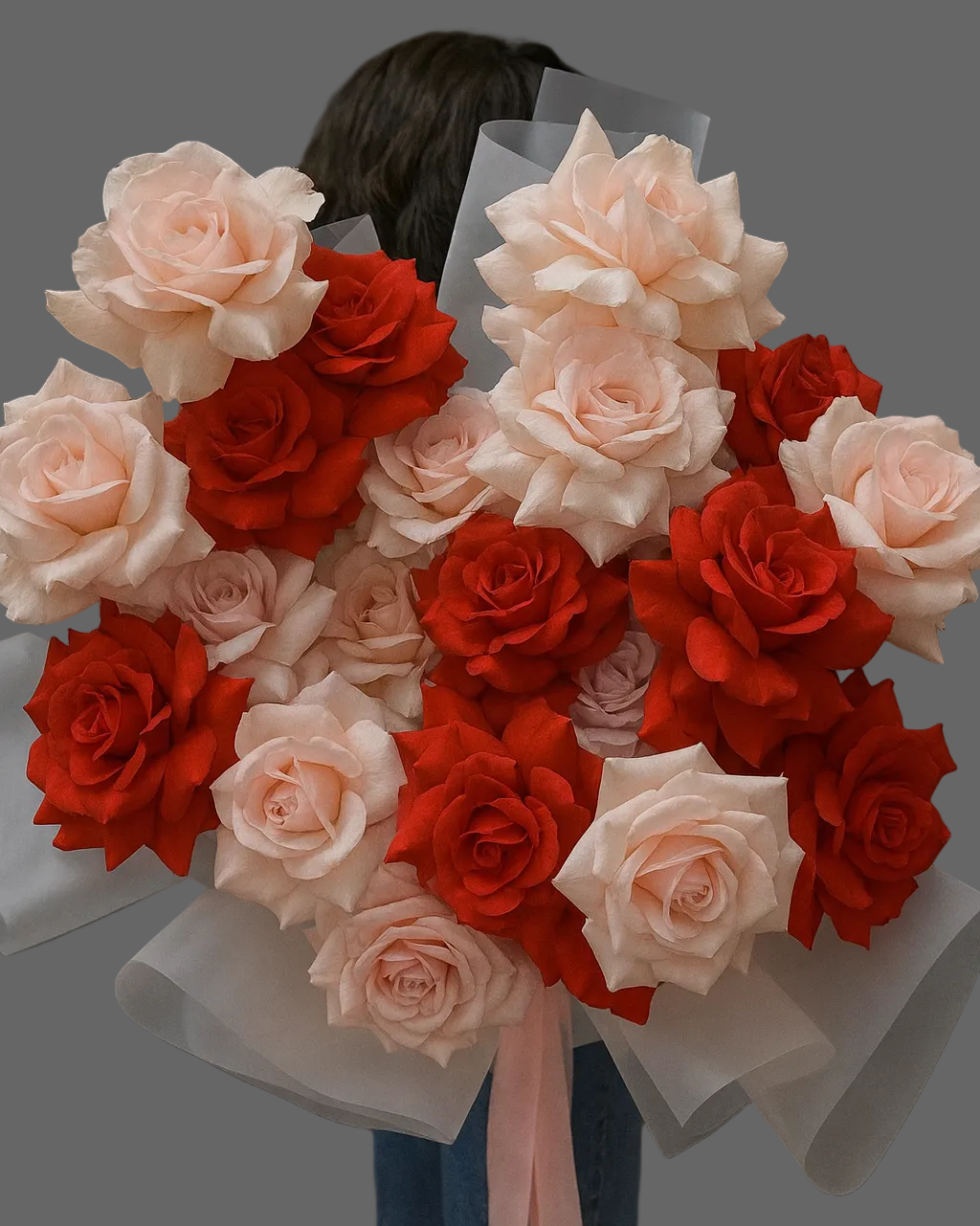 Bouquet Amour with red and blush roses, luxury romantic flowers available for same-day delivery in Miami and Sunny Isles