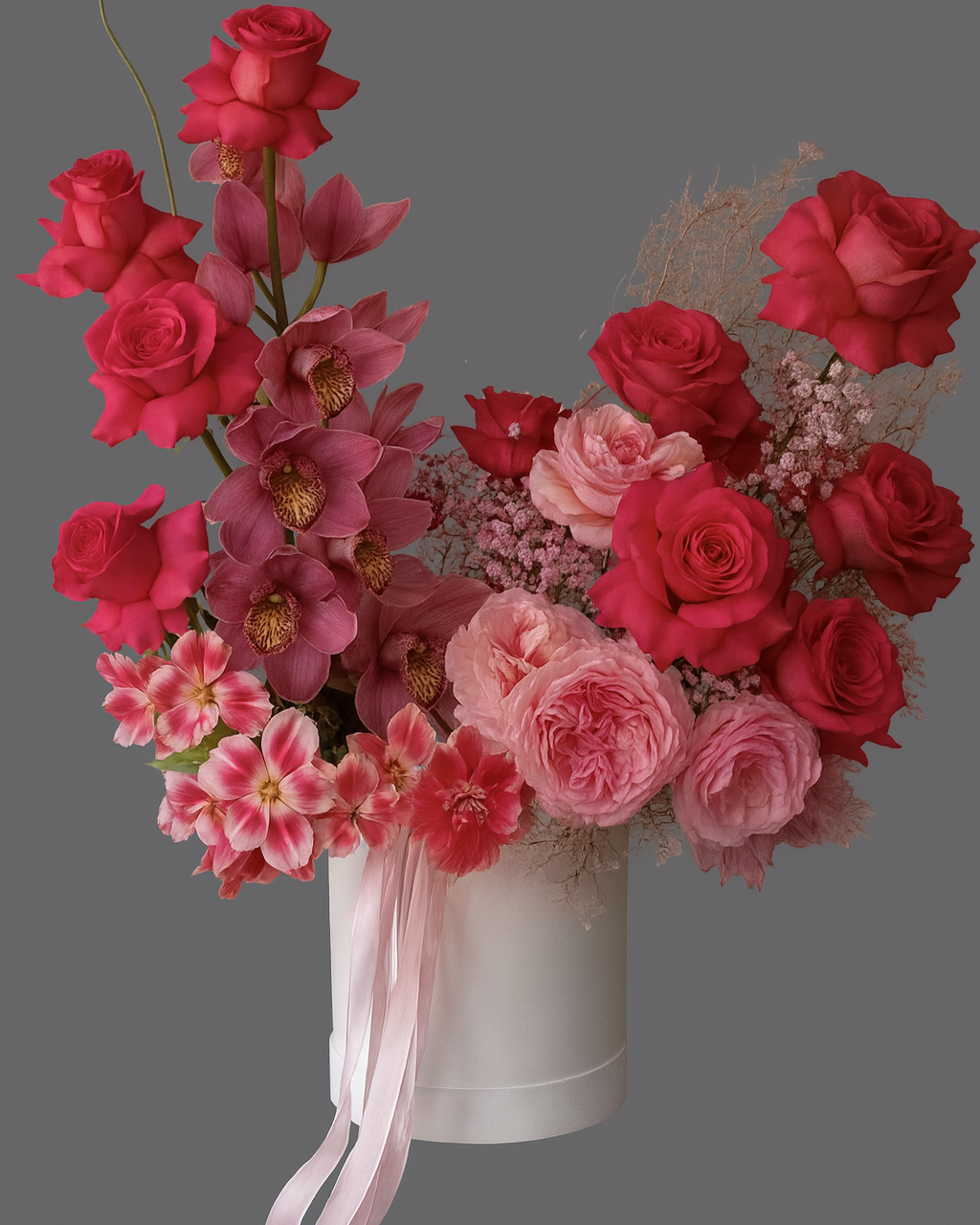 Luxury flower box “Elegance Edition” with deep pink roses and orchids in a round hat box, decorated with ribbons. Perfect floral gift for birthdays, anniversaries, weddings, Valentine’s Day, and romantic occasions. Same-day and next-day delivery available in Miami and surrounding areas.