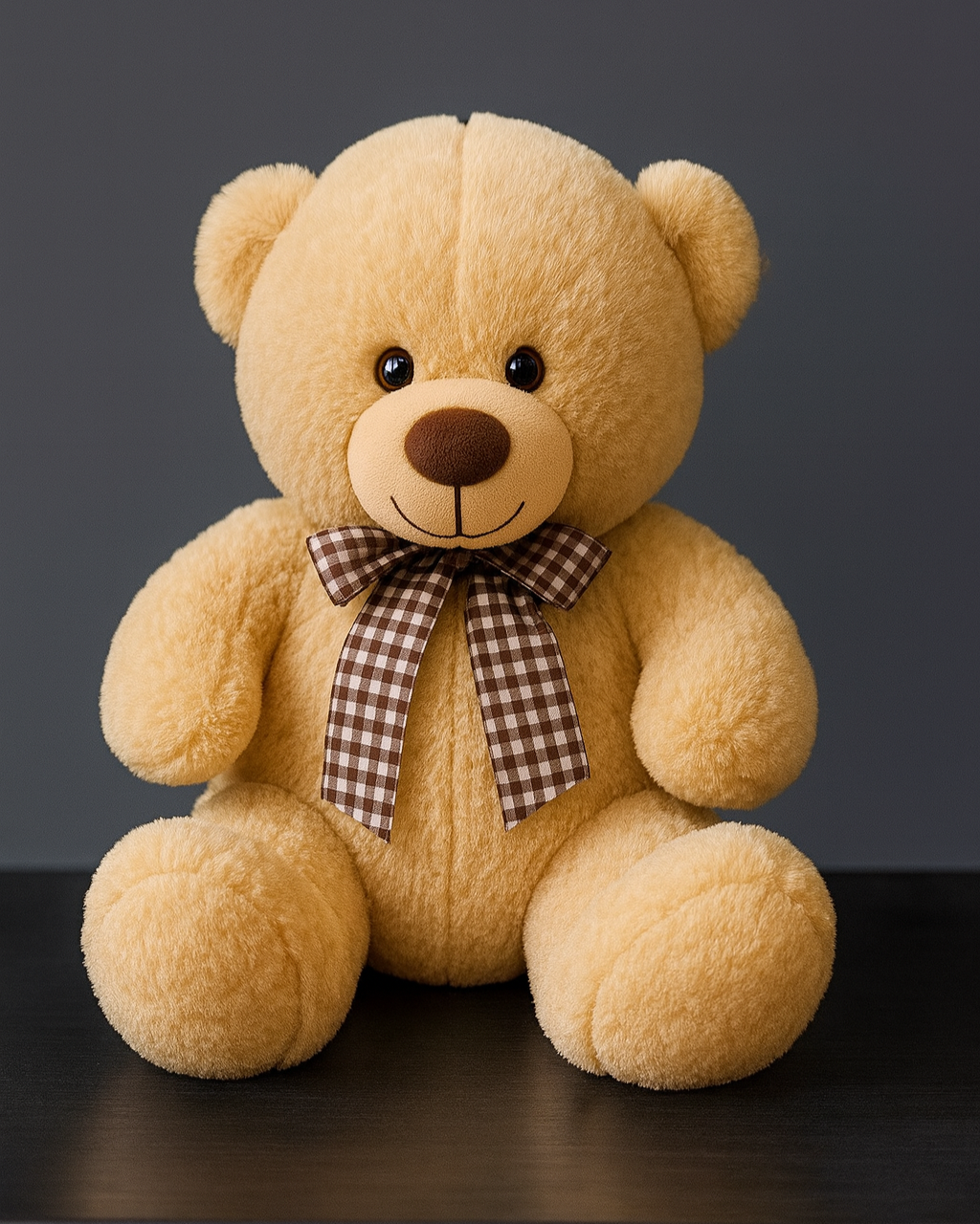 Beige plush teddy bear with a brown checkered bow sitting on a dark surface and gray background. Cute soft toy gift accessory in Miami.