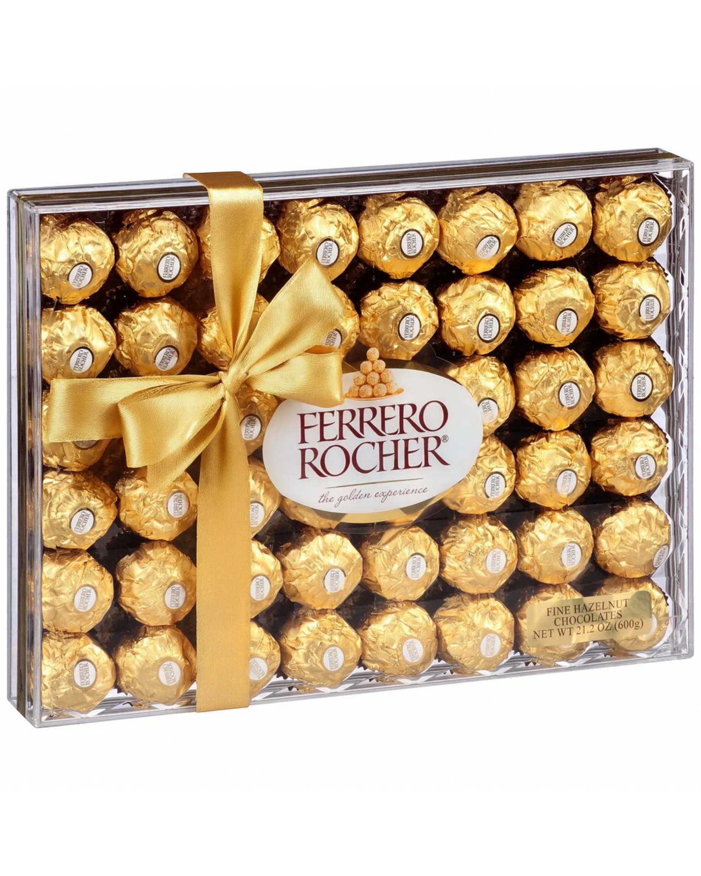 Ferrero Rocher chocolate box with 48 pieces tied with a gold satin ribbon, elegant gift for special occasions in Miami.
