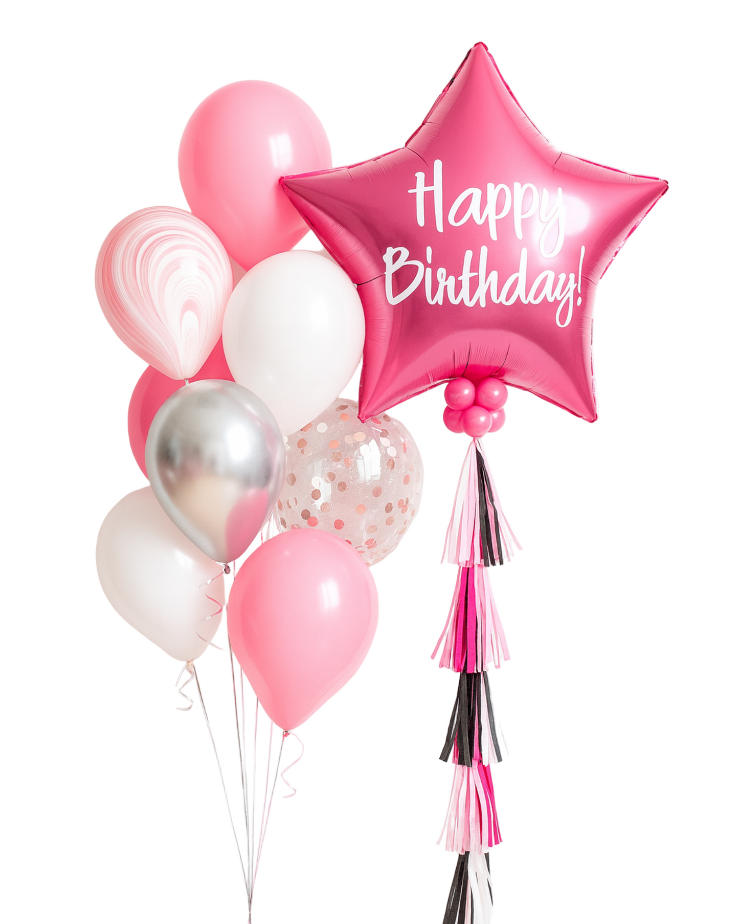 Balloon bouquet with pink, white, and silver balloons, including a black star-shaped “Happy Birthday” balloon. Perfect for birthday gifts, parties, and festive photos.