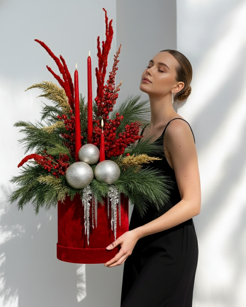 Luxurious red holiday floral arrangement in a premium box, modern festive design, photographed in soft natural light.