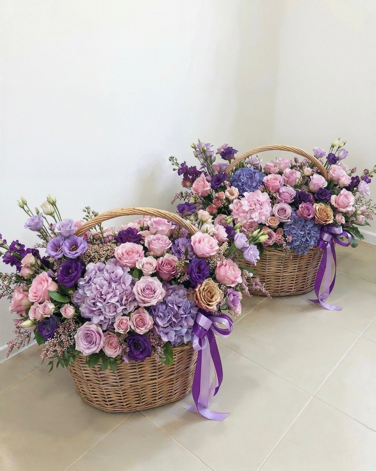 Flower Basket “SOFT LILAC DELIGHT” – fresh lilac and pink flowers arrangement, custom-made bouquet, delivery across Miami