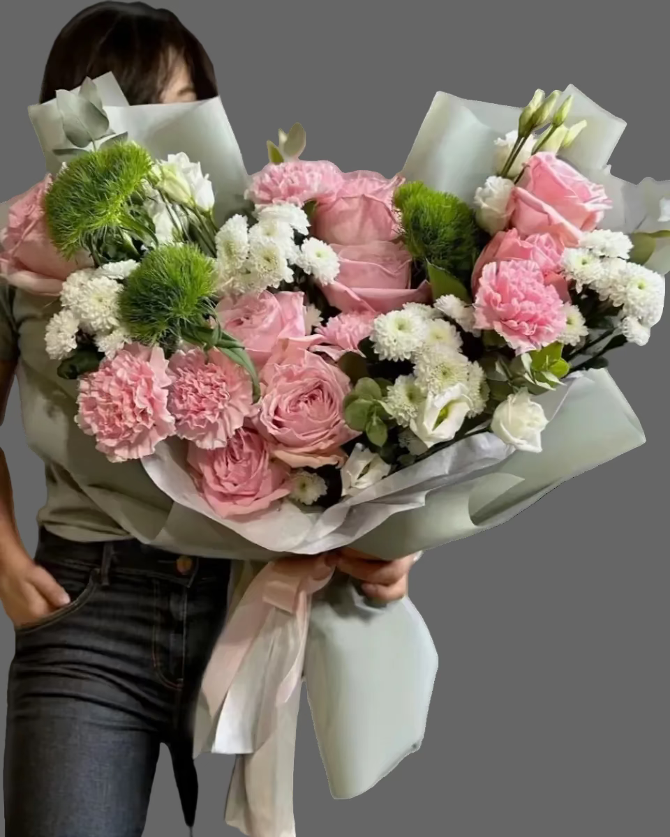 “SIMPLE JOY bouquet with pink roses, carnations, green dianthus and white flowers, medium fresh bouquet for delivery in Miami and Sunny Isles.”