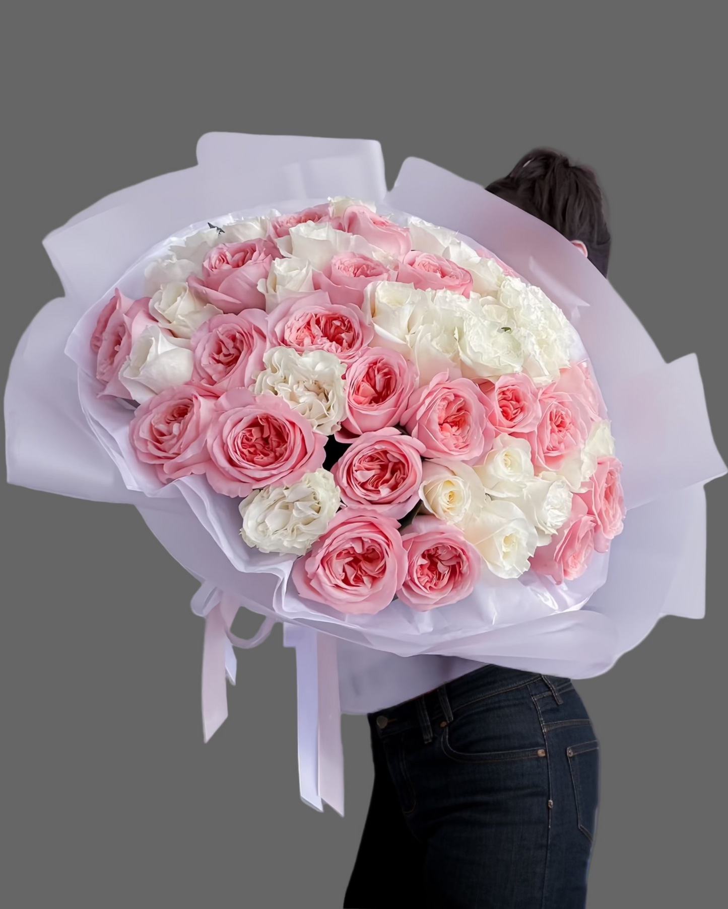 “Bouquet Pink & White Duet with lush pink and white roses in pastel wrapping, premium romantic bouquet for delivery in Miami and Sunny Isles.”