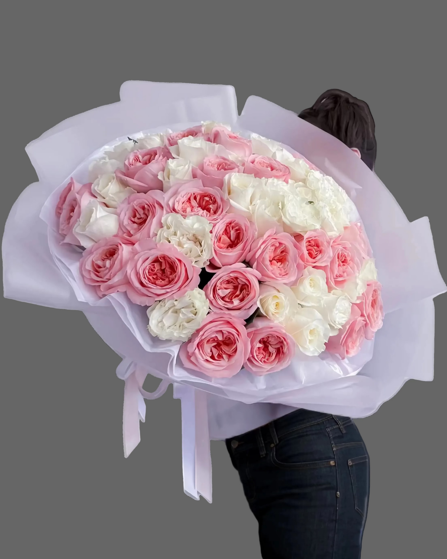 “Bouquet Pink & White Duet with lush pink and white roses in pastel wrapping, premium romantic bouquet for delivery in Miami and Sunny Isles.”