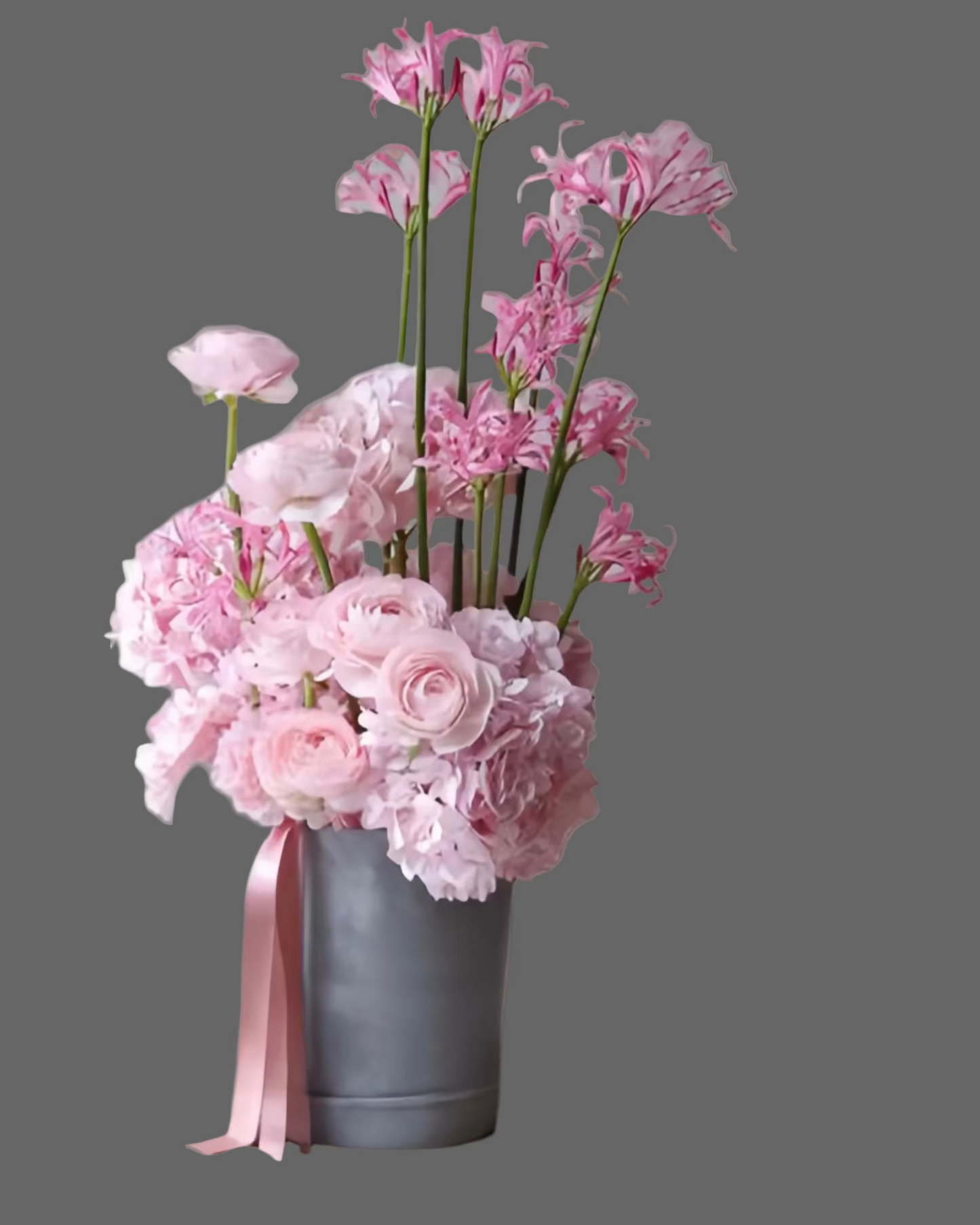 Flower box Pink Elegance with pink roses and hydrangea in a grey hat box, luxury floral arrangement for delivery in Miami and Sunny Isles.”