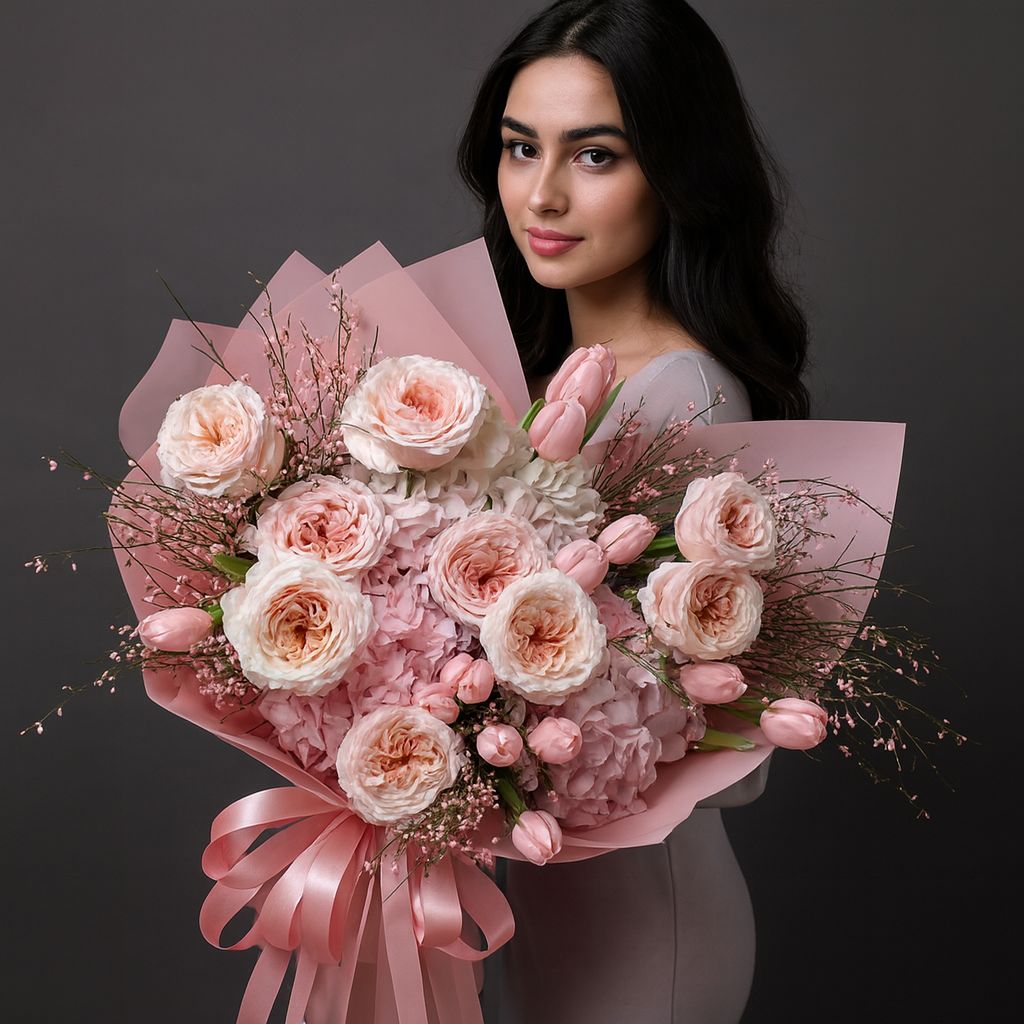 Elegant woman holding a luxury pink flower bouquet – Accent-T florist Miami