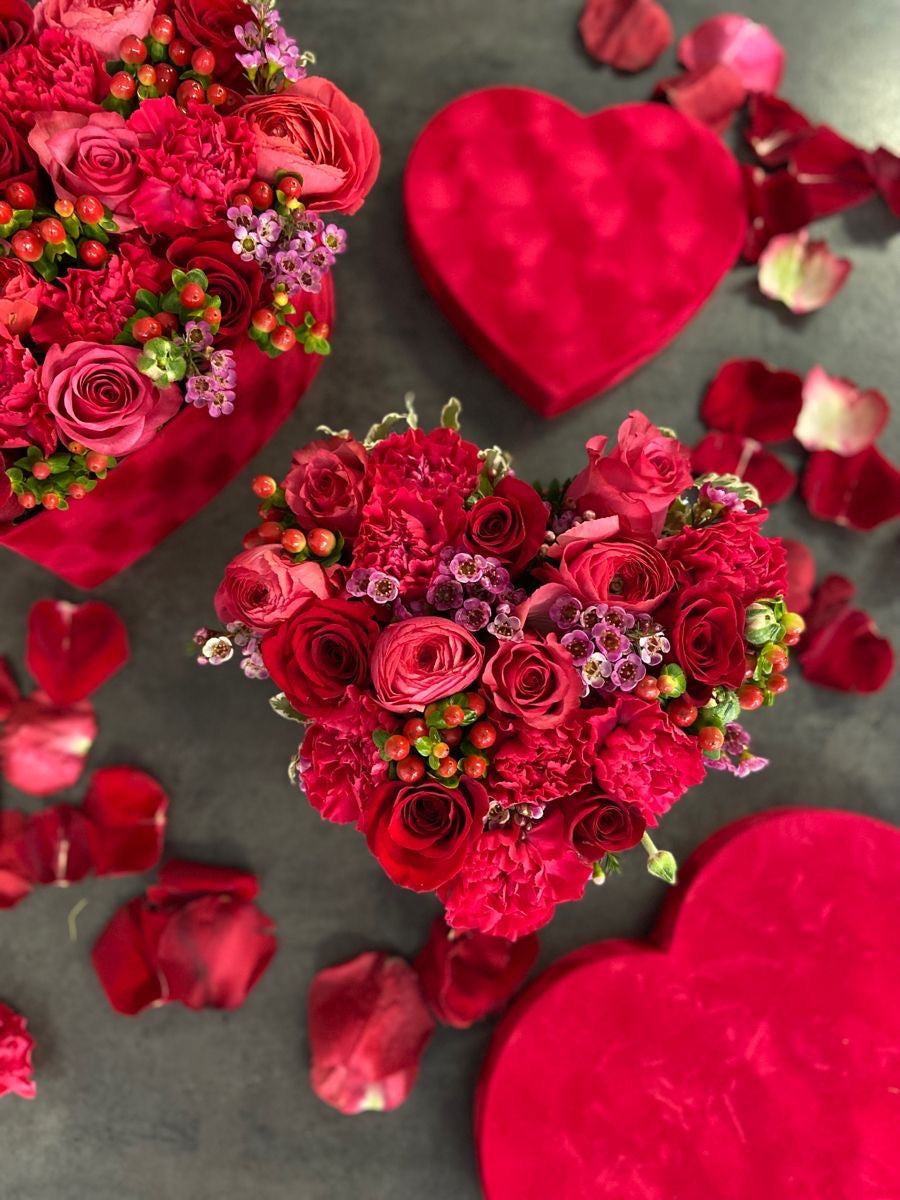  “Valentine’s Day bouquet collection — fresh flowers in red and pink tones, heart-themed decorations, festive packaging, delivery across Miami and surrounding areas.”