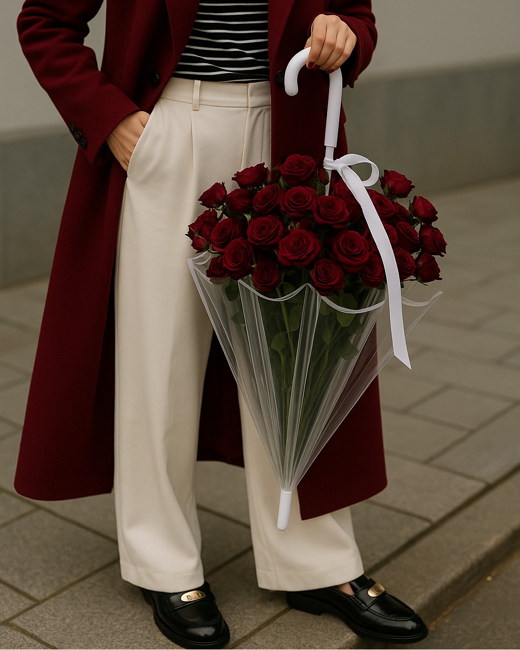 Person holding an umbrella-shaped bouquet of red roses wrapped in clear cellophane.