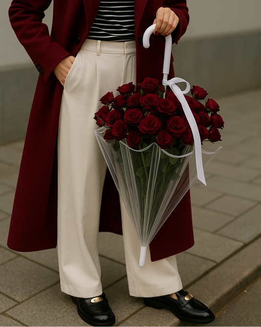 Person holding an umbrella-shaped bouquet of red roses wrapped in clear cellophane.
