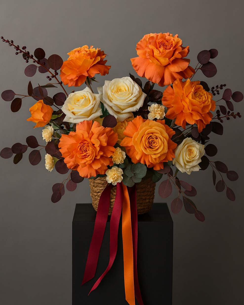 Luxury autumn floral arrangement in a woven basket with orange and cream garden roses, carnations, and fall foliage on a neutral gray background.