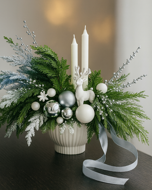 Luxury silver Christmas centerpiece with natural greenery, candles and winter accents in a studio setting.
