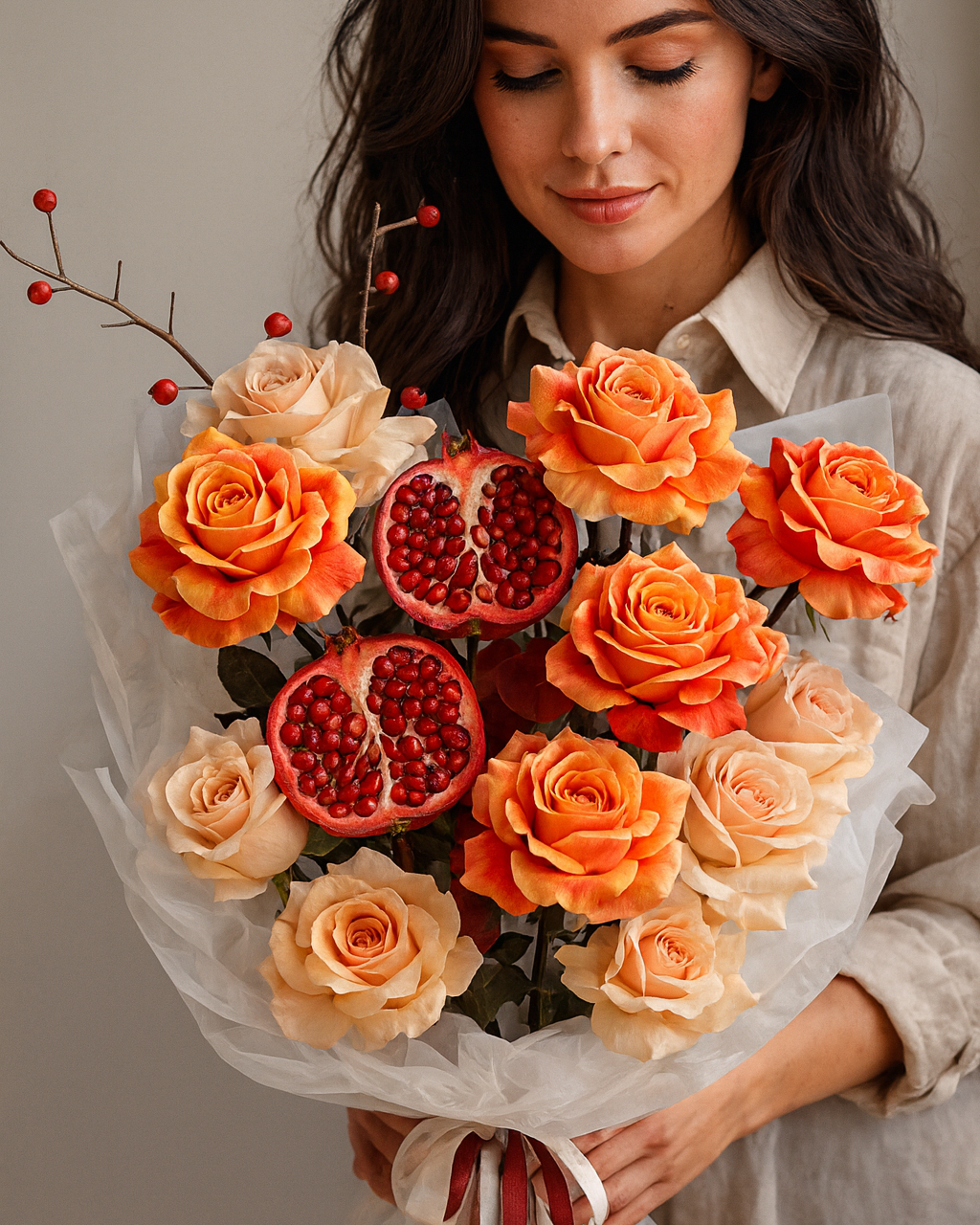 A luxury bouquet with orange roses edged in red, cream roses, and fresh cut pomegranates, styled in soft layered wrapping with burgundy and white ribbons. Premium autumn design.
