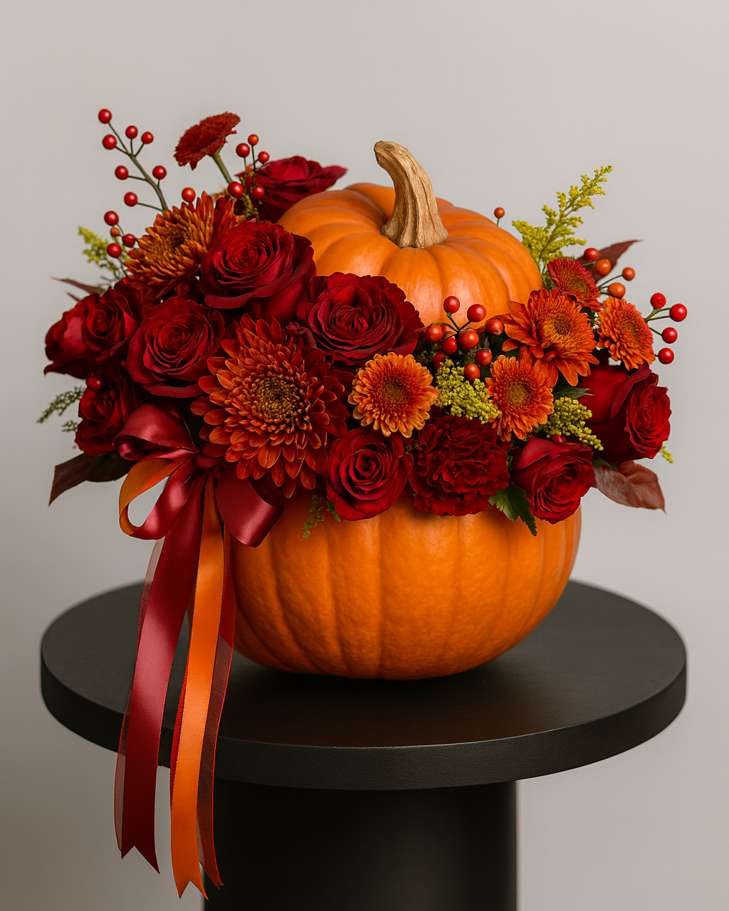 Autumn floral arrangement in a carved pumpkin with red roses, orange chrysanthemums, berries, and ribbon accents on a studio gray background.