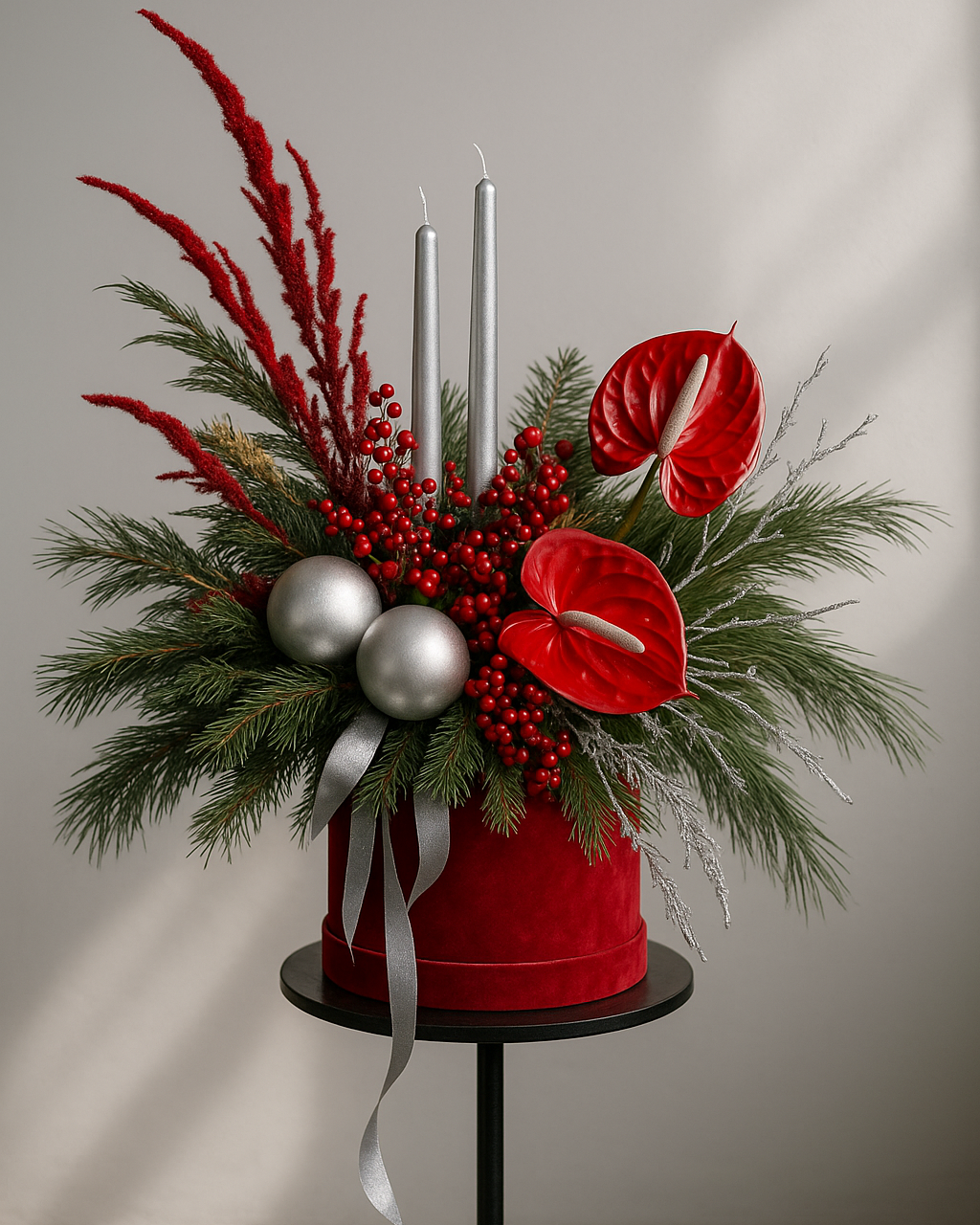 Luxury red holiday centerpiece with natural greenery, candles and festive accents in a studio setting.
