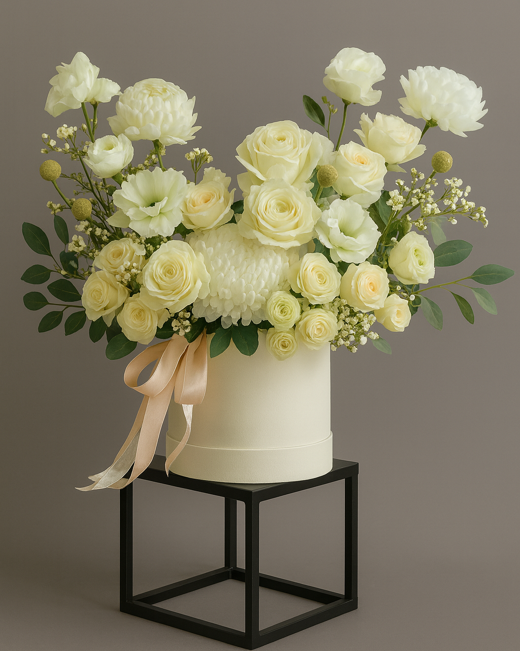 “Elegant white & cream flower box with roses, chrysanthemums, lisianthus, waxflower, craspedia, and eucalyptus – available in Miami.