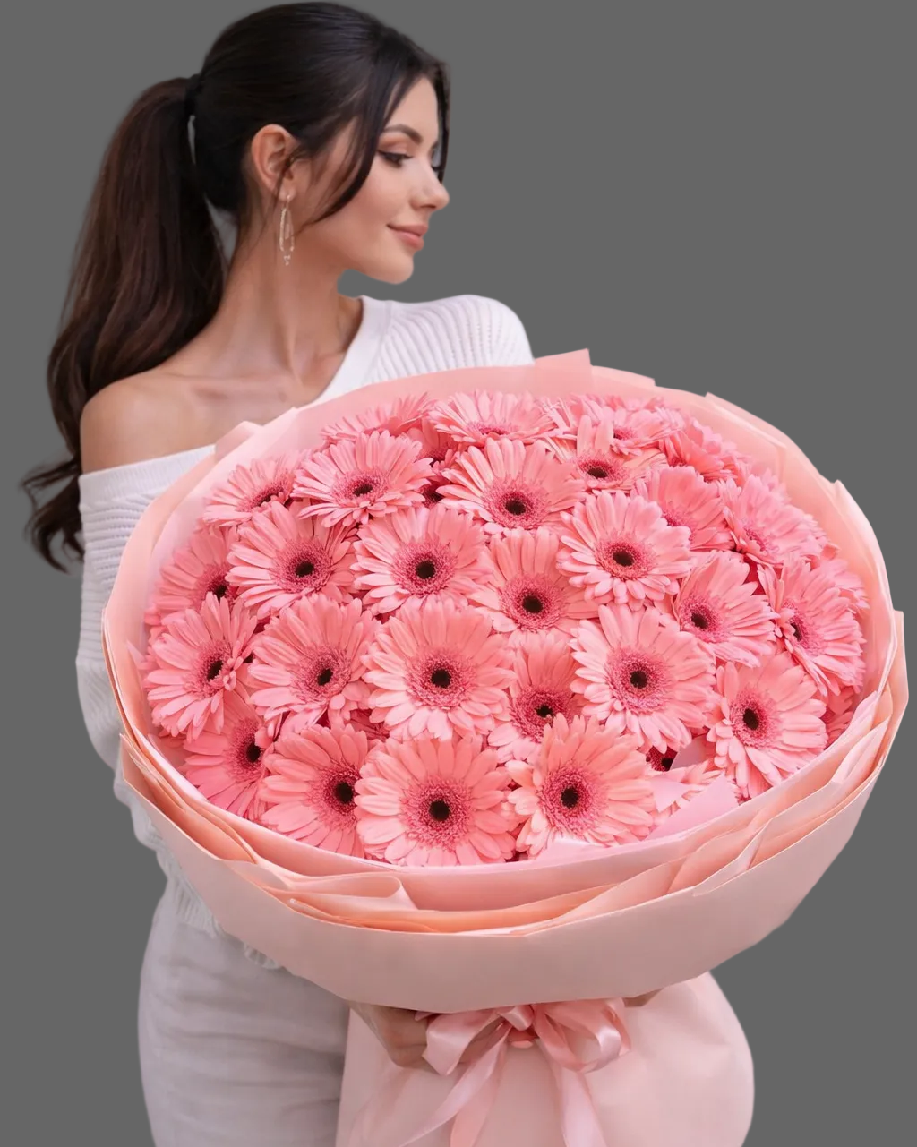“Bouquet Pure Pink Delight with pink gerberas, luxury pastel flowers available for same-day or next-day delivery in Miami and Sunny Isles.”