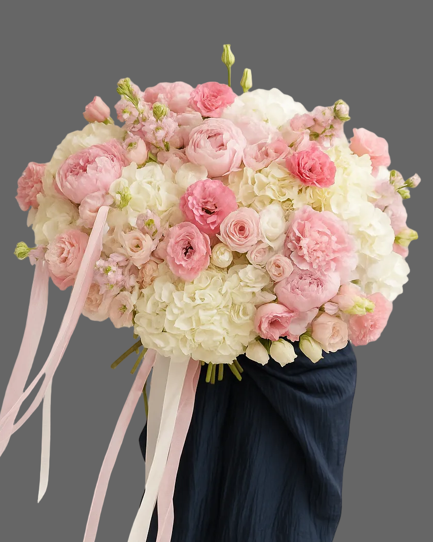 LOVELY DELIGHT bouquet with pink and white roses, hydrangeas, and peonies, luxury premium arrangement for delivery in Miami and Sunny Isles.