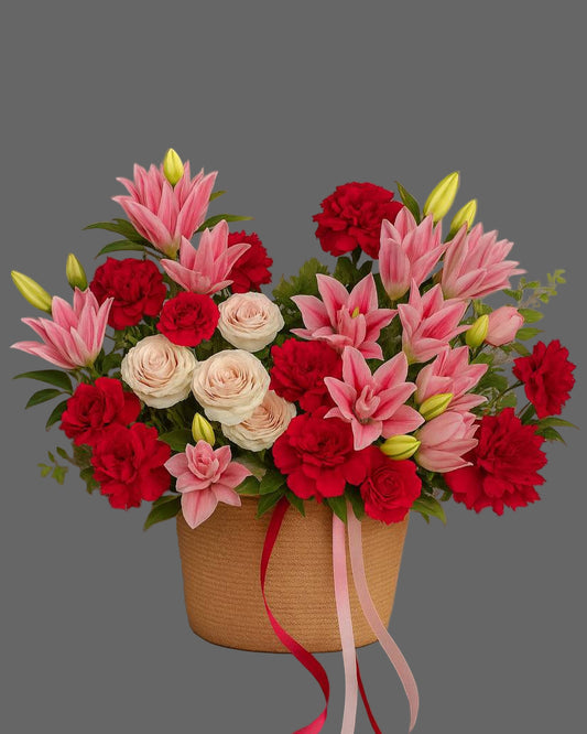 Flaming Grace flower basket with pink lilies, red roses, and blush roses. Premium floral gift for weddings, birthdays, and romantic occasions in Miami.