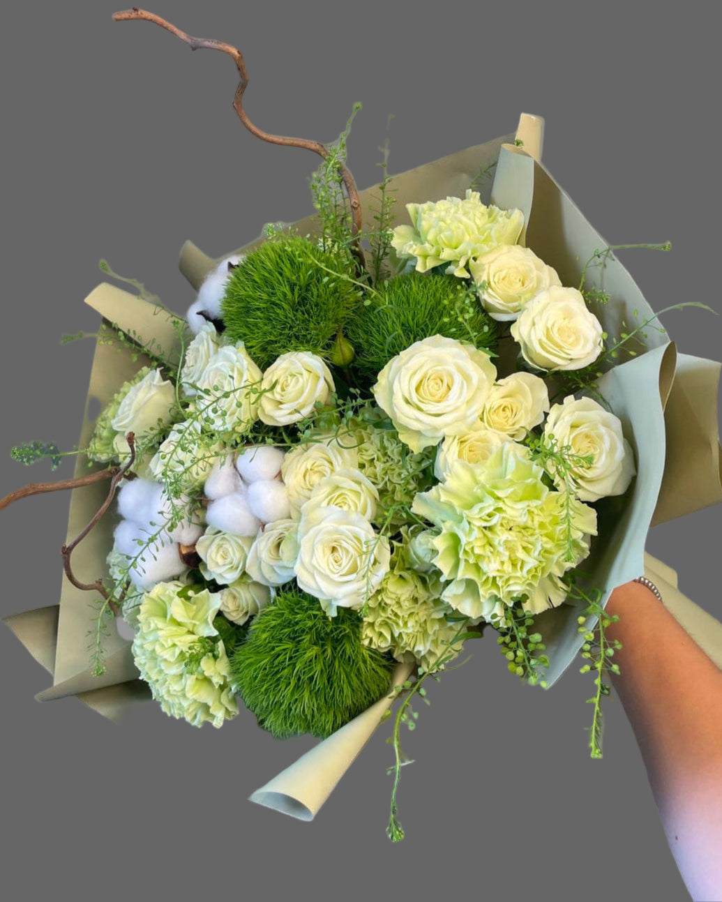 “Bouquet Emerald Mist with white roses, green dianthus, hydrangeas and cotton branches, deluxe fresh bouquet for delivery in Miami and Sunny Isles.”