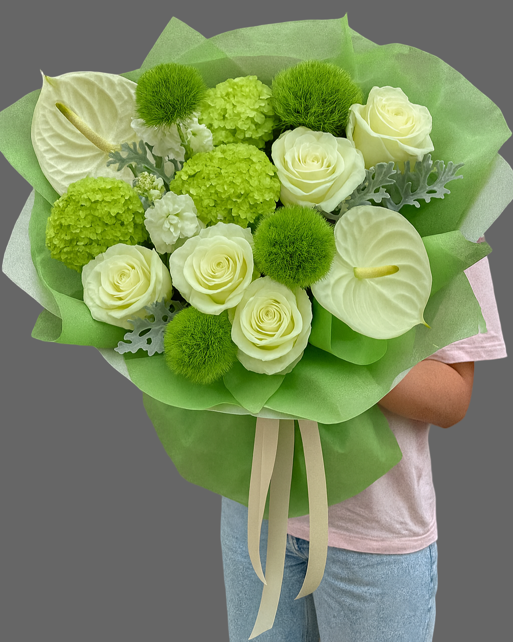 Bouquet Lime Breeze with white roses, green chrysanthemums and white anthurium, modern luxury flowers available for same-day delivery in Miami and Sunny Isles.”