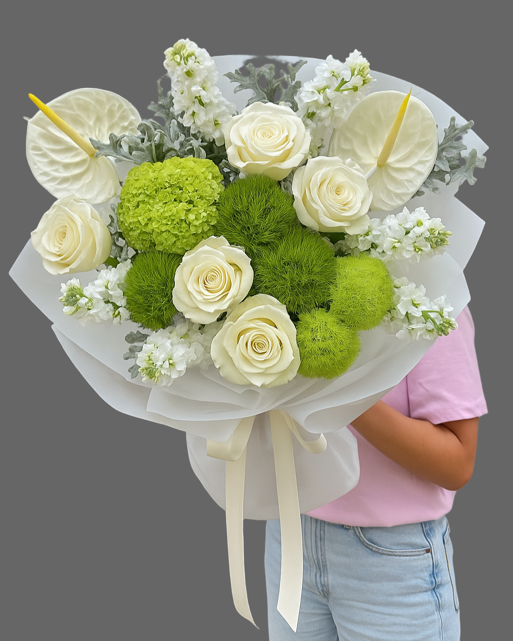 Bouquet Lime Breeze with white roses, green chrysanthemums and white anthurium, modern luxury flowers available for same-day delivery in Miami and Sunny Isles.”