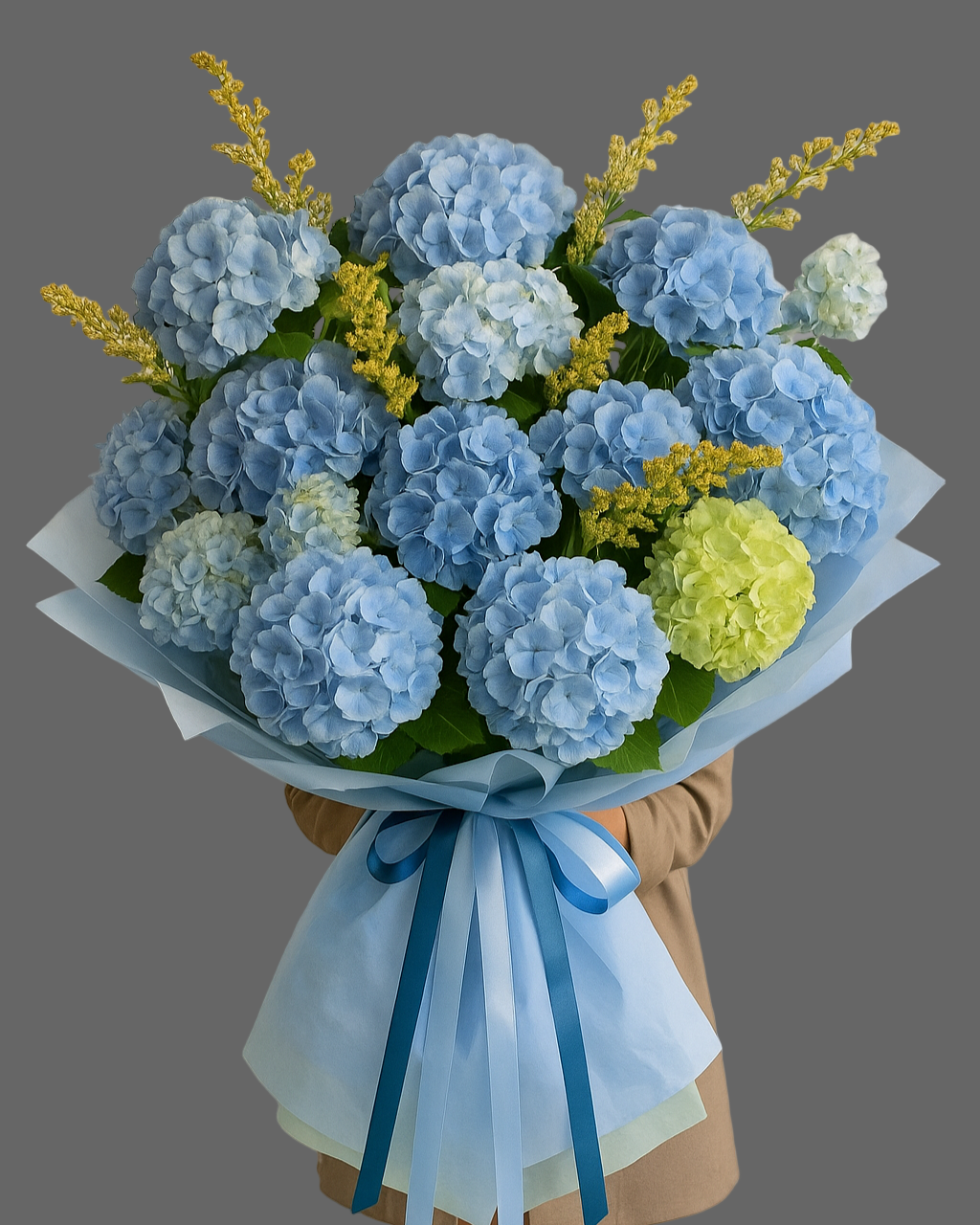 Bouquet Blue Azure with blue and white hydrangeas and golden solidago, luxury flowers available for same-day delivery in Miami and Sunny Isles.”
